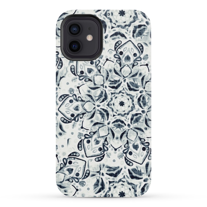 iPhone 12 mini StrongFit Stained Glass Mandala - Navy & White  by Tigatiga