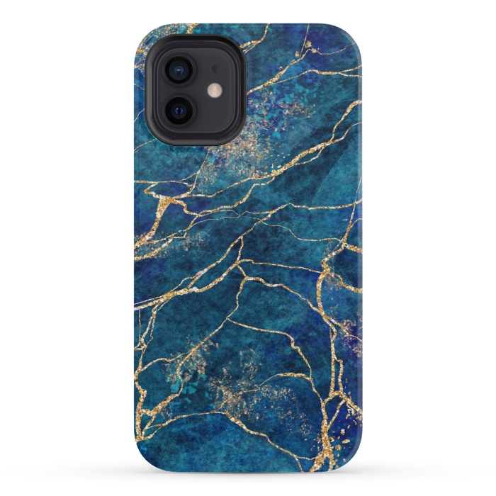 iPhone 12 mini StrongFit Blue Marble with Gold Glitter Veins Fake Stone Texture by ArtsCase
