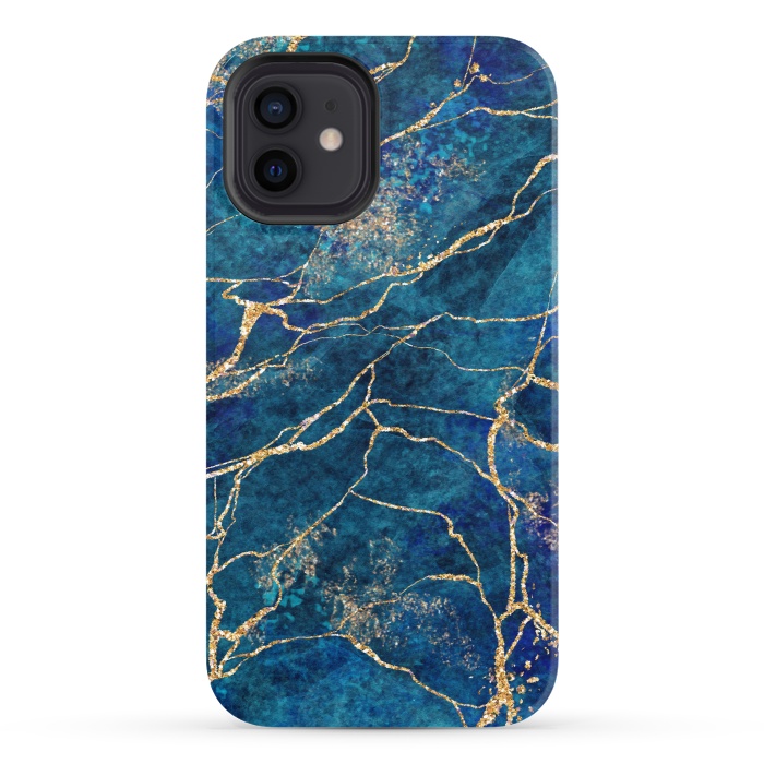 iPhone 12 StrongFit Blue Marble with Gold Glitter Veins Fake Stone Texture by ArtsCase