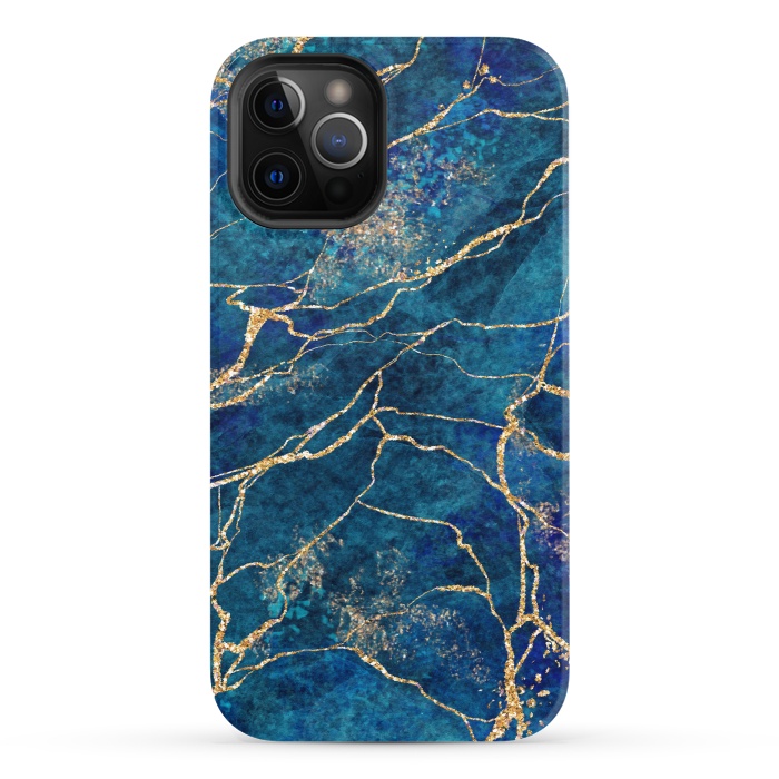 iPhone 12 Pro StrongFit Blue Marble with Gold Glitter Veins Fake Stone Texture by ArtsCase