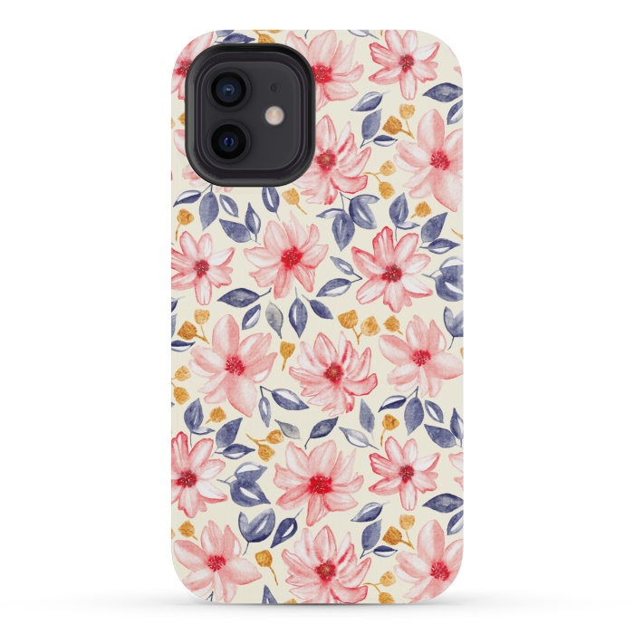 iPhone 12 mini StrongFit Navy, Gold & Pink Watercolor Floral - Cream  by Tigatiga