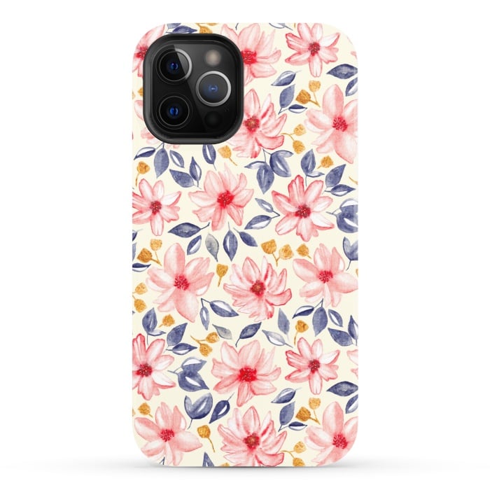iPhone 12 Pro StrongFit Navy, Gold & Pink Watercolor Floral - Cream  by Tigatiga