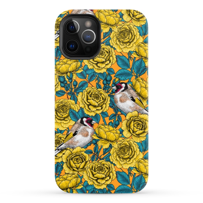 iPhone 12 Pro StrongFit Rose flowers and goldfinch birds by Katerina Kirilova