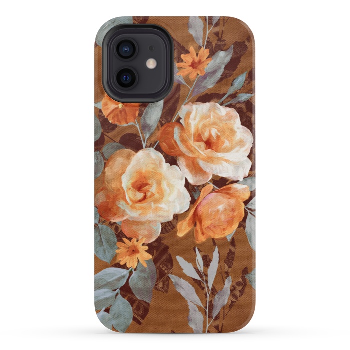 iPhone 12 mini StrongFit Chintz Roses on Rust Brown by Micklyn Le Feuvre