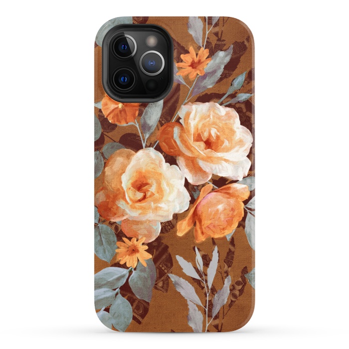 iPhone 12 Pro StrongFit Chintz Roses on Rust Brown by Micklyn Le Feuvre