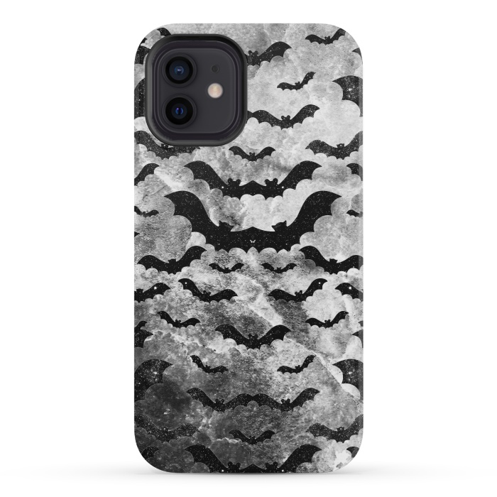 iPhone 12 mini StrongFit Black star dust bats pattern on monochrome marble by Oana 