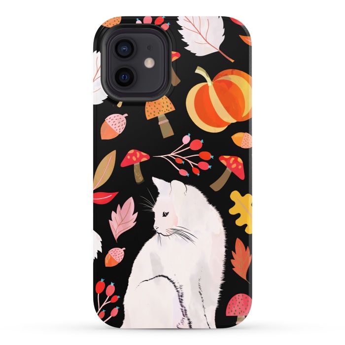 iPhone 12 StrongFit Autumn nature pattern with white cat by Oana 