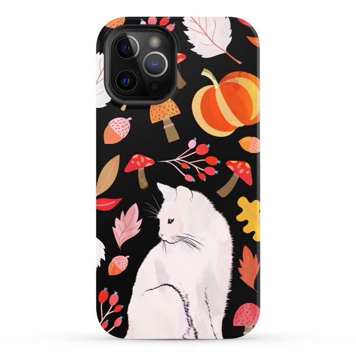 iPhone 12 Pro StrongFit Autumn nature pattern with white cat by Oana 