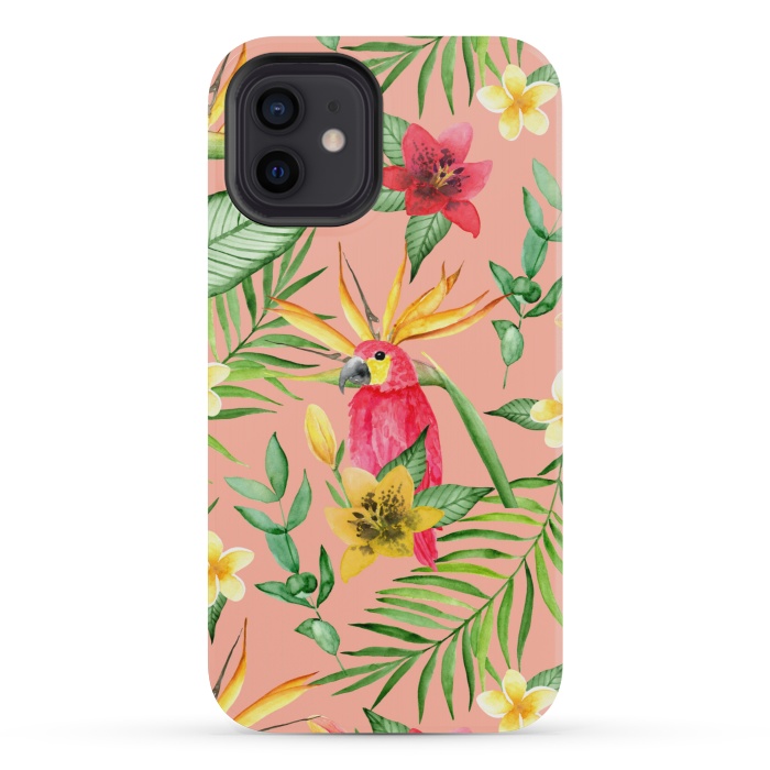 iPhone 12 mini StrongFit Red parrot and tropical leaves by Julia Badeeva