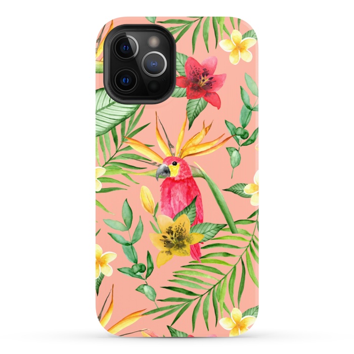 iPhone 12 Pro StrongFit Red parrot and tropical leaves by Julia Badeeva
