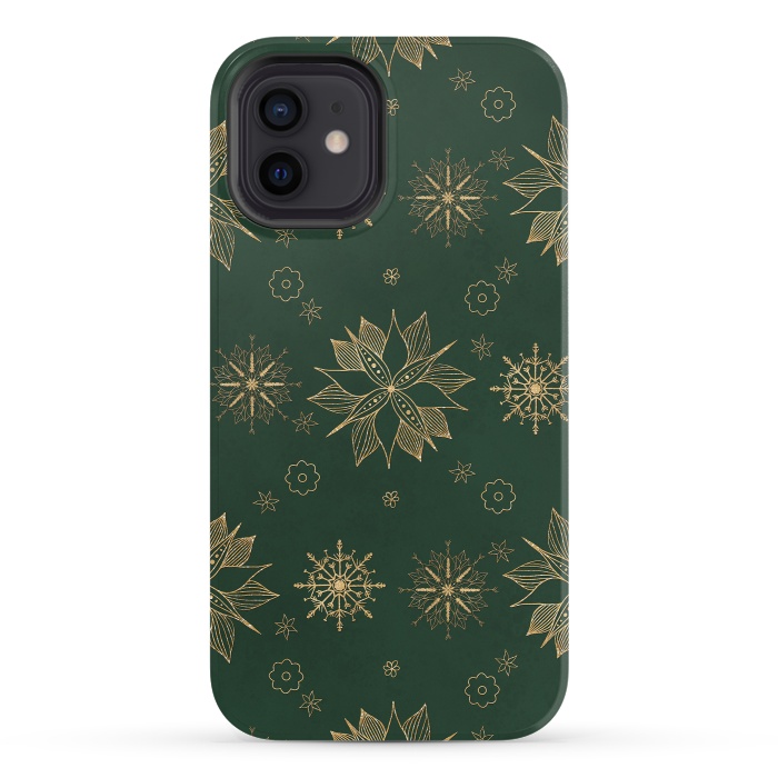 iPhone 12 mini StrongFit Elegant Gold Green Poinsettias Snowflakes Winter Design by InovArts