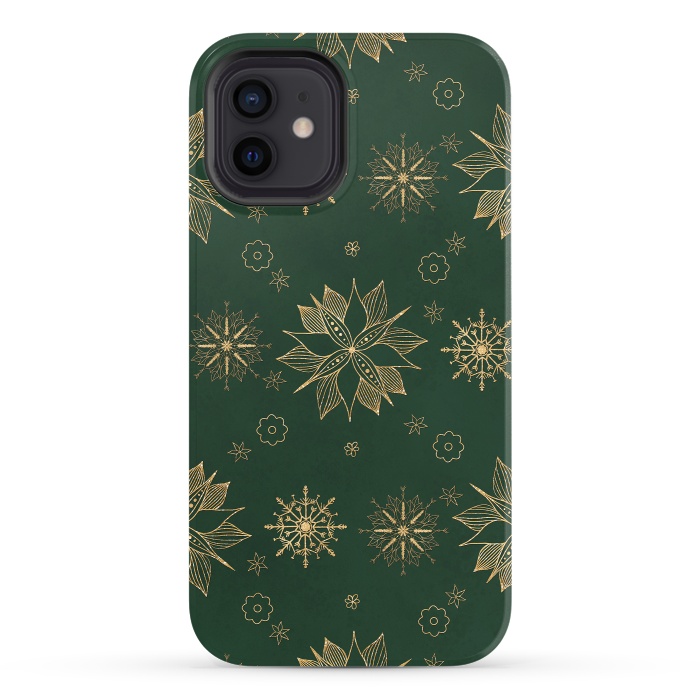 iPhone 12 StrongFit Elegant Gold Green Poinsettias Snowflakes Winter Design by InovArts