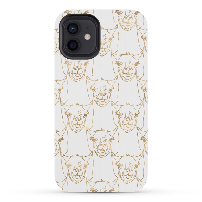 iPhone 12 mini StrongFit Cute Gold Strokes Llama Animal White Pattern by InovArts