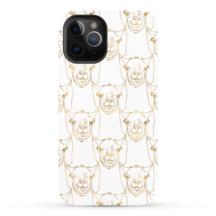 iPhone 12 Pro StrongFit Cute Gold Strokes Llama Animal White Pattern by InovArts