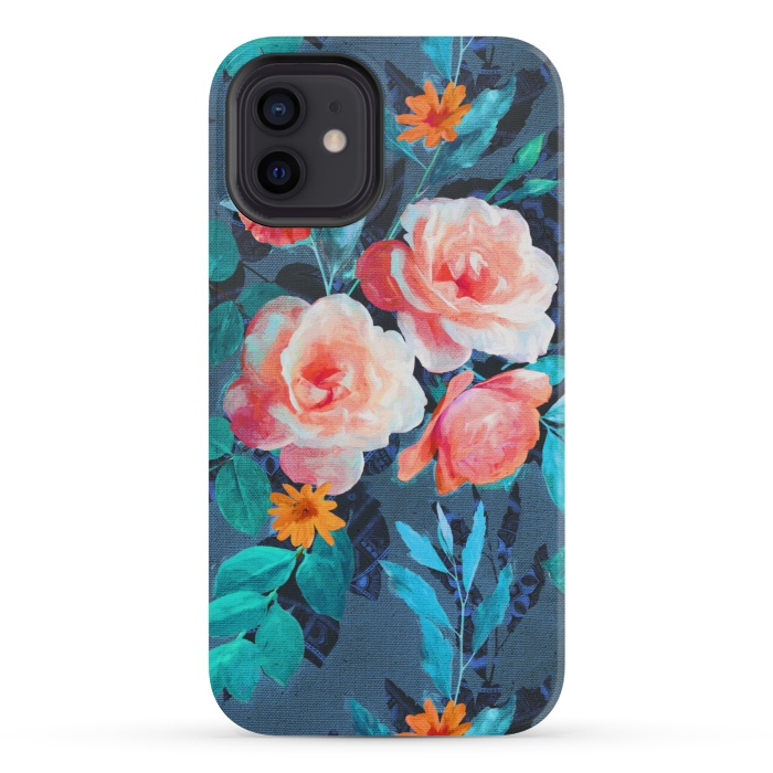 iPhone 12 mini StrongFit Retro Rose Chintz in Radiant Coral on Blue by Micklyn Le Feuvre