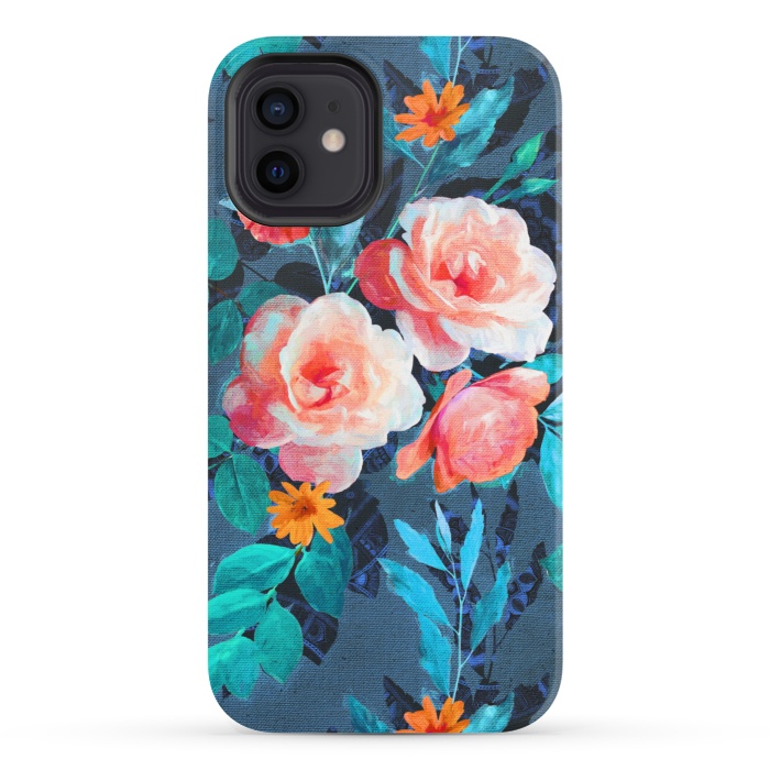 iPhone 12 StrongFit Retro Rose Chintz in Radiant Coral on Blue by Micklyn Le Feuvre