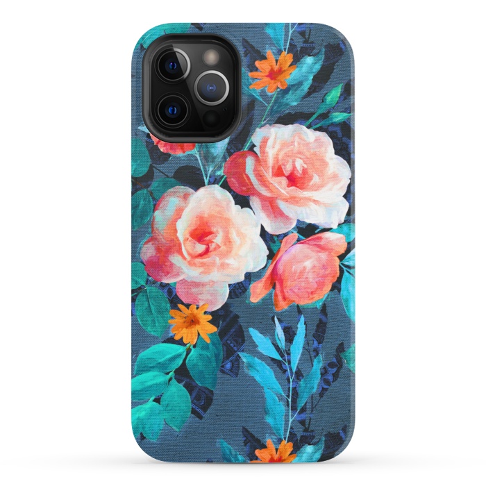 iPhone 12 Pro StrongFit Retro Rose Chintz in Radiant Coral on Blue by Micklyn Le Feuvre