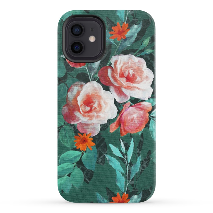 iPhone 12 mini StrongFit Retro Rose Chintz in Melon Pink on Dark Emerald Green by Micklyn Le Feuvre