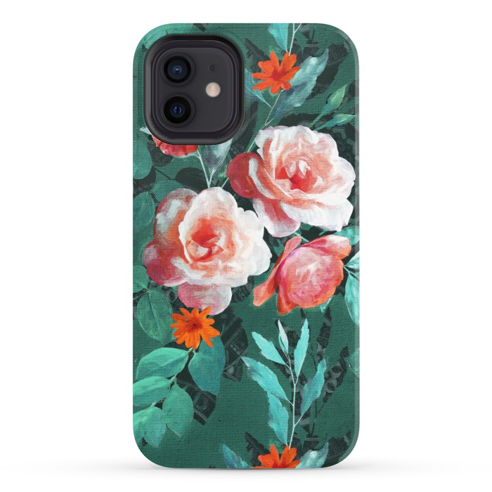 iPhone 12 StrongFit Retro Rose Chintz in Melon Pink on Dark Emerald Green by Micklyn Le Feuvre