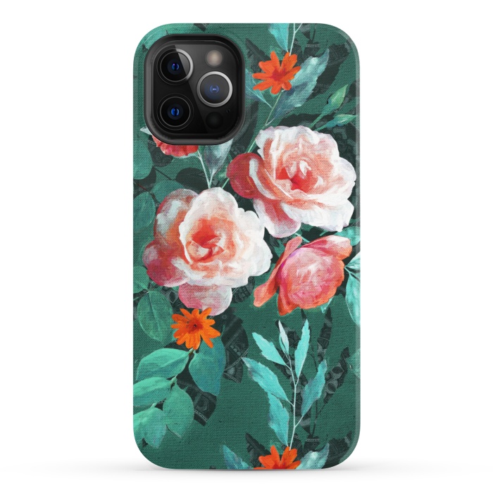 iPhone 12 Pro StrongFit Retro Rose Chintz in Melon Pink on Dark Emerald Green by Micklyn Le Feuvre