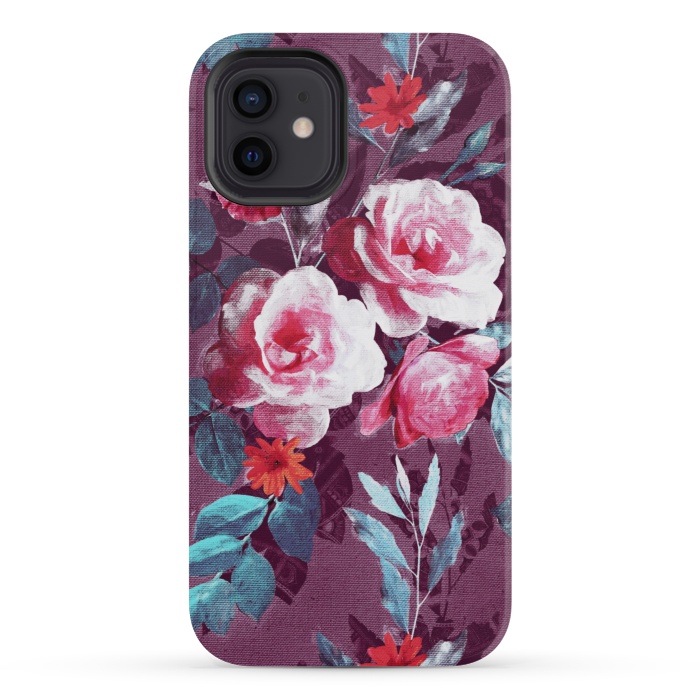 iPhone 12 mini StrongFit Retro Rose Chintz in Magenta and Plum by Micklyn Le Feuvre