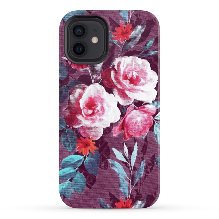 iPhone 12 StrongFit Retro Rose Chintz in Magenta and Plum by Micklyn Le Feuvre