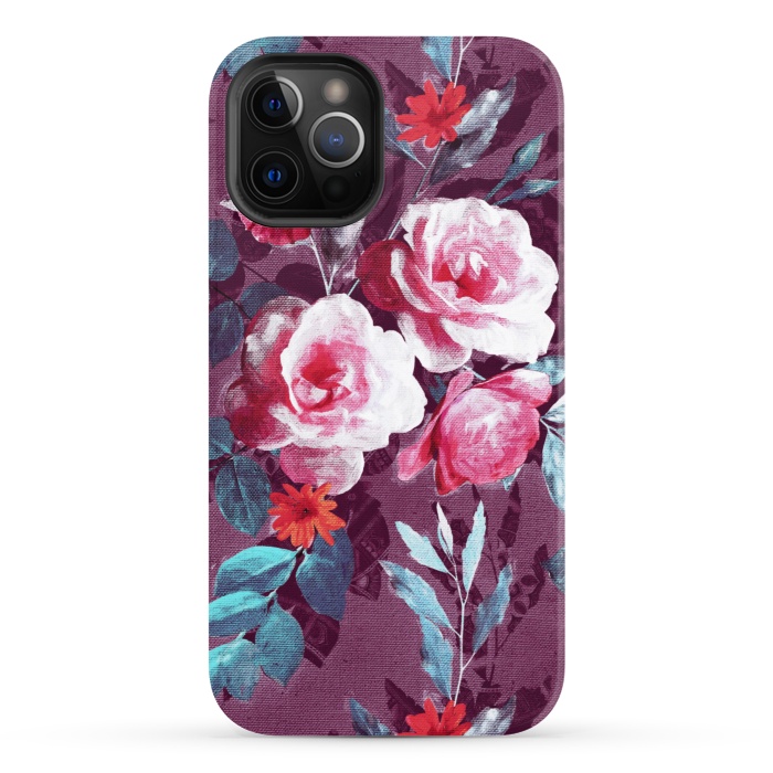 iPhone 12 Pro StrongFit Retro Rose Chintz in Magenta and Plum by Micklyn Le Feuvre