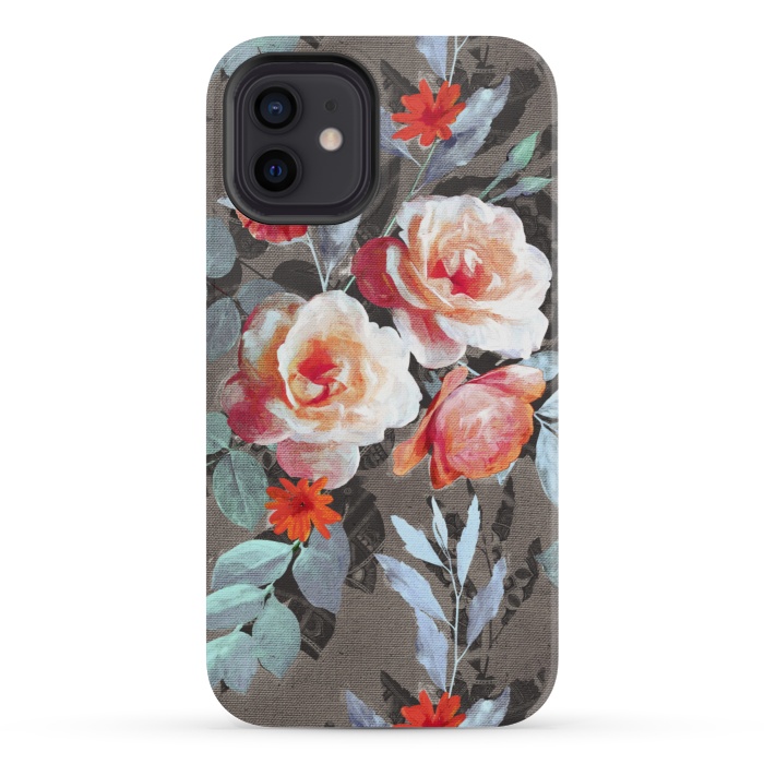 iPhone 12 mini StrongFit Retro Rose Chintz in Scarlet, Peach, Sage and Grey by Micklyn Le Feuvre