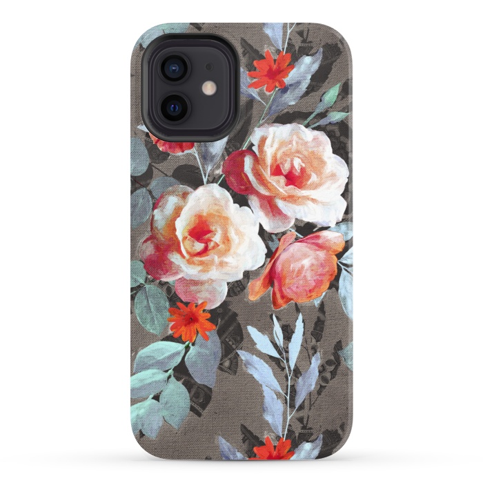 iPhone 12 StrongFit Retro Rose Chintz in Scarlet, Peach, Sage and Grey by Micklyn Le Feuvre