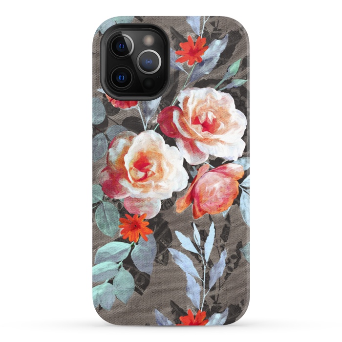 iPhone 12 Pro StrongFit Retro Rose Chintz in Scarlet, Peach, Sage and Grey by Micklyn Le Feuvre
