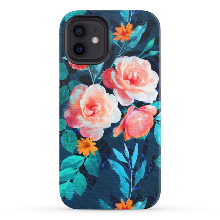 iPhone 12 StrongFit Retro Rose Chintz in Bright Coral and Peach on Indigo Blue by Micklyn Le Feuvre