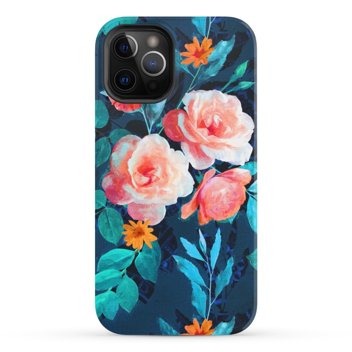 iPhone 12 Pro StrongFit Retro Rose Chintz in Bright Coral and Peach on Indigo Blue by Micklyn Le Feuvre