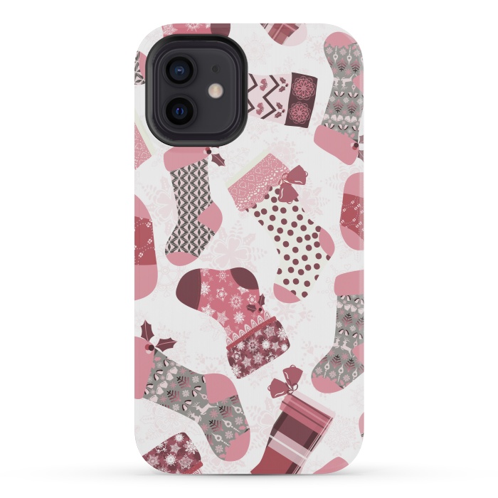 iPhone 12 mini StrongFit Christmas Stockings in Pink and Gray by Paula Ohreen