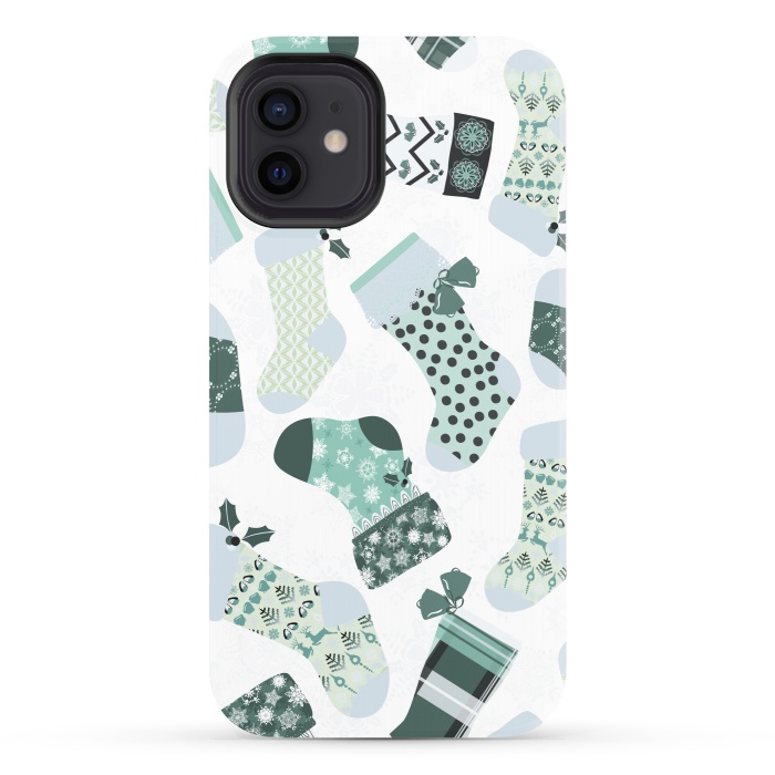 iPhone 12 StrongFit Christmas Stockings in Green and White by Paula Ohreen