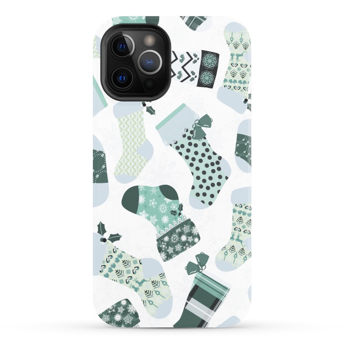 iPhone 12 Pro StrongFit Christmas Stockings in Green and White by Paula Ohreen