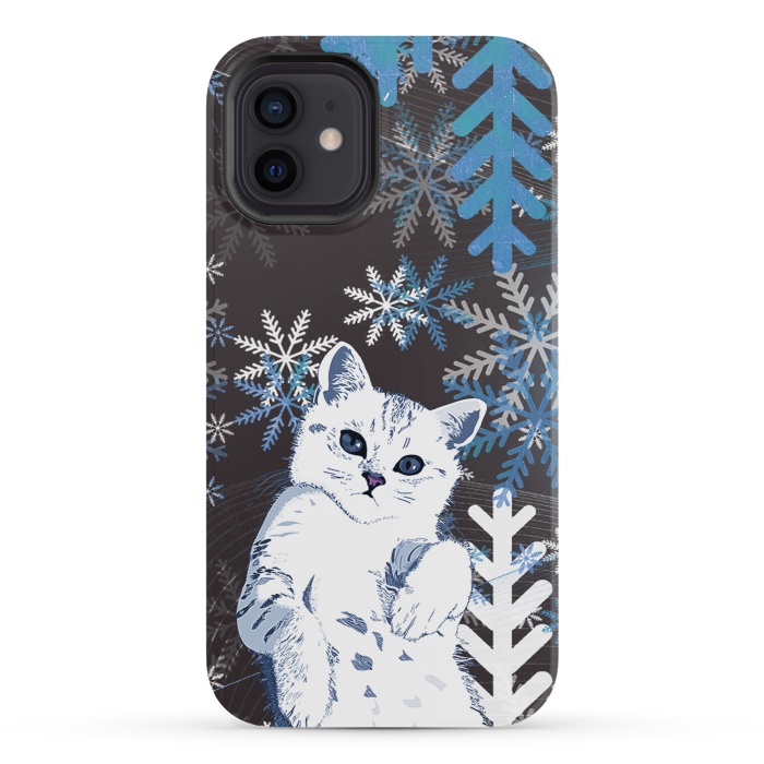 iPhone 12 mini StrongFit Cute kitty with blue metallic snowflakes by Oana 