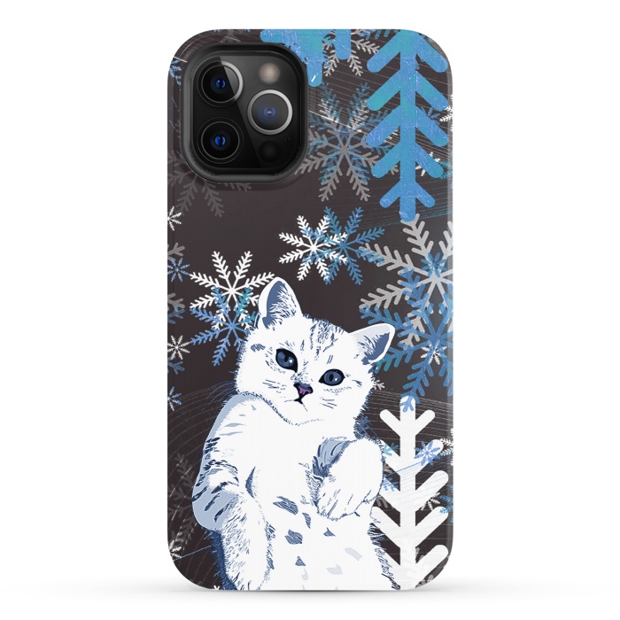 iPhone 12 Pro StrongFit Cute kitty with blue metallic snowflakes by Oana 