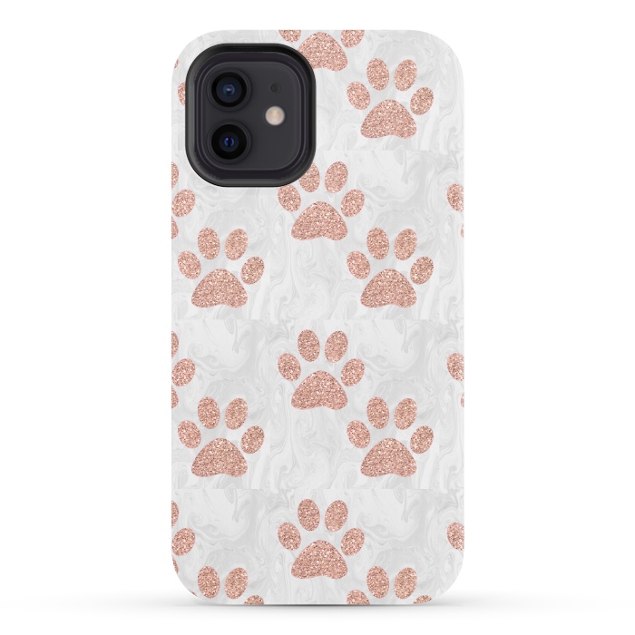iPhone 12 StrongFit Rose Gold Paw Prints on Marble by Julie Erin Designs