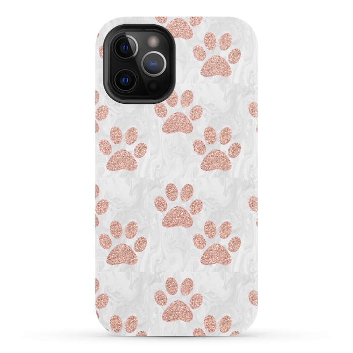 iPhone 12 Pro StrongFit Rose Gold Paw Prints on Marble by Julie Erin Designs