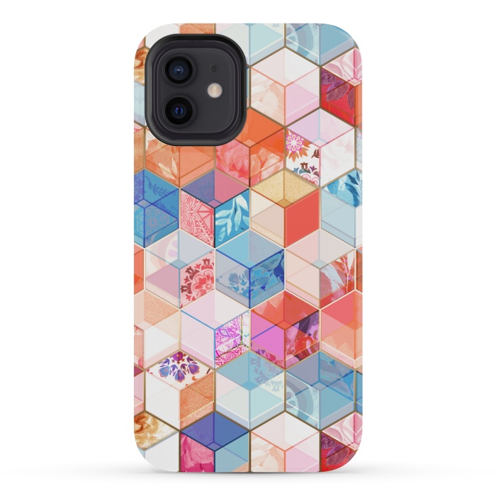 iPhone 12 mini StrongFit Coral, Cream and Cobalt Kaleidoscope Cubes by Micklyn Le Feuvre