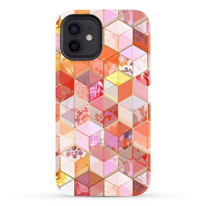 iPhone 12 StrongFit Gold and Garnet Kaleidoscope Cubes by Micklyn Le Feuvre