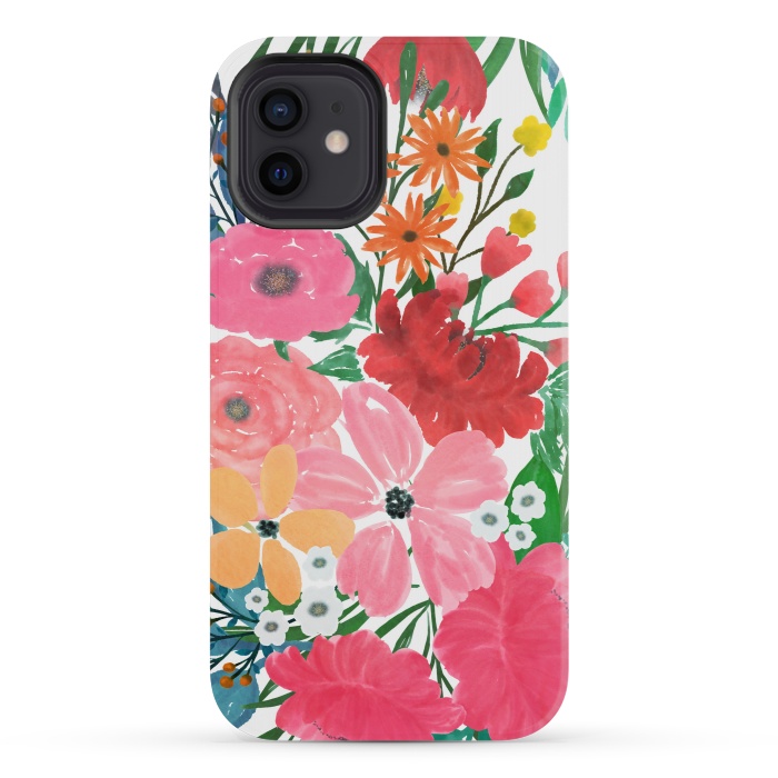 iPhone 12 mini StrongFit Trendy Pink watercolor Floral Bouquet White Design by InovArts