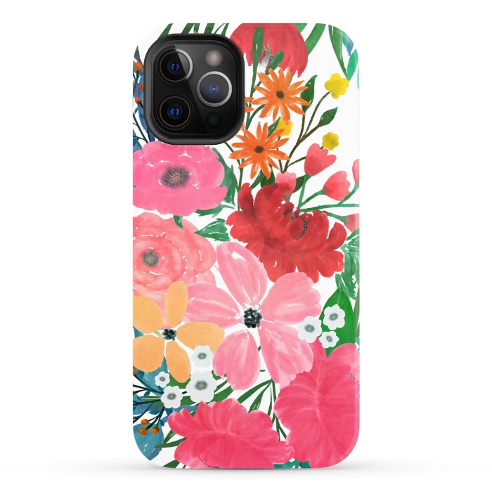 iPhone 12 Pro StrongFit Trendy Pink watercolor Floral Bouquet White Design by InovArts