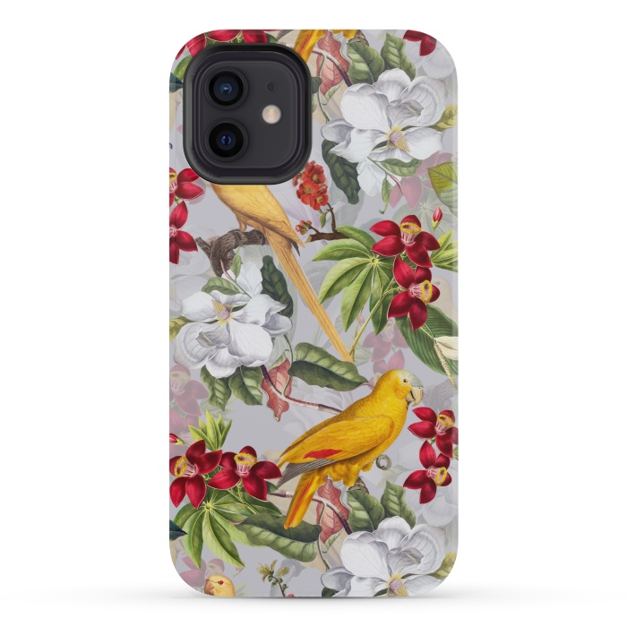 iPhone 12 mini StrongFit Antique Yellow Parrots in Flower Jungle by  Utart