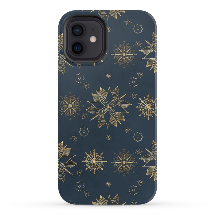 iPhone 12 mini StrongFit Elegant Gold Blue Poinsettias Snowflakes Pattern by InovArts
