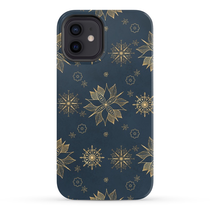 iPhone 12 StrongFit Elegant Gold Blue Poinsettias Snowflakes Pattern by InovArts