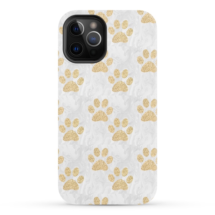 iPhone 12 Pro StrongFit Gold Paw Prints on Marble by Julie Erin Designs