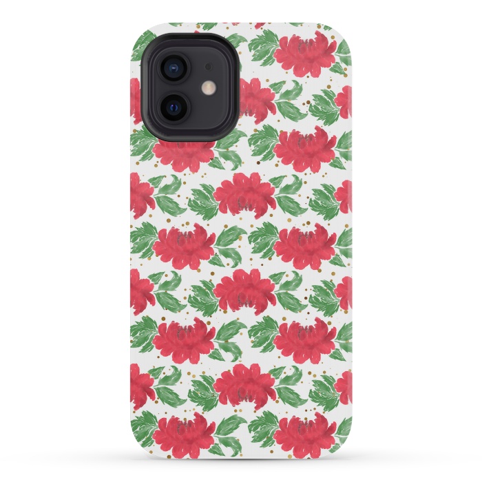 iPhone 12 mini StrongFit Watercolor Winter Red Flowers Gold Dots Artwork by InovArts