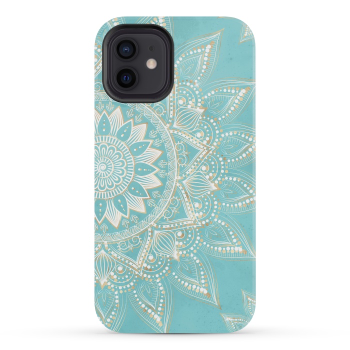 iPhone 12 mini StrongFit Elegant White Gold Mandala Sky Blue Design by InovArts