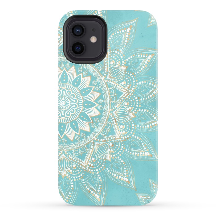 iPhone 12 StrongFit Elegant White Gold Mandala Sky Blue Design by InovArts